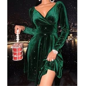 Luxe Surplice Velvet Long Sleeve Party Evening Velvet  Dress